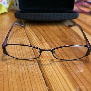 Purple metal reading glasses with case. +1.00